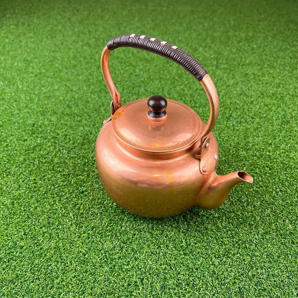 Vintage Copper Teapot Kettle Rattan Wrapped Handle